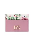 Dolce & Gabbana Pink Floral Print Logo Leather Cardholder - Pink &