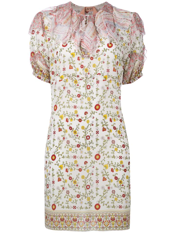 No21 Ruffle Neck Floral Print Dress - Nude & Neutrals