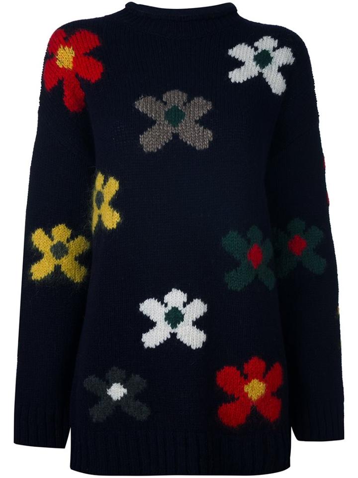 Dondup Flower Intarsia Jumper, Women's, Size: Medium, Blue, Acrylic/nylon/mohair/wool