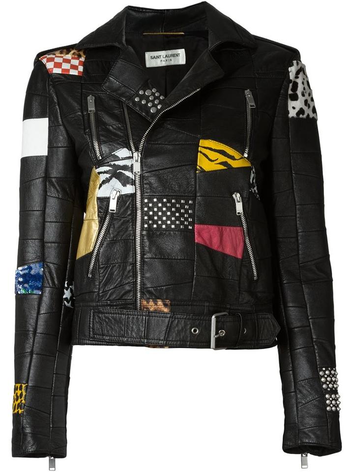 Saint Laurent Patchwork Biker Jacket, Women's, Size: 40, Black, Cotton/calf Leather/goat Skin/cupro