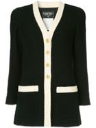 Chanel Vintage Cc Button Bicolor Wool Jacket - Black