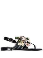 Dolce & Gabbana Floral-ribbon Flat Sandals - Black