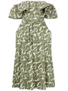 Whit Foliage Print Ruffle Trim Dress - Green