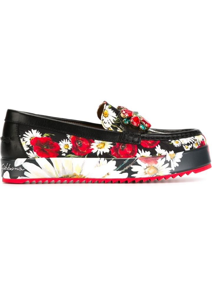 Dolce & Gabbana Embellished Loafers, Women's, Size: 36, Black, Cotton/leather/viscose/rubber