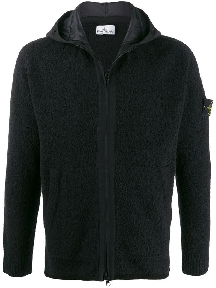 Stone Island Logo Patch Textured Hoodie - Black