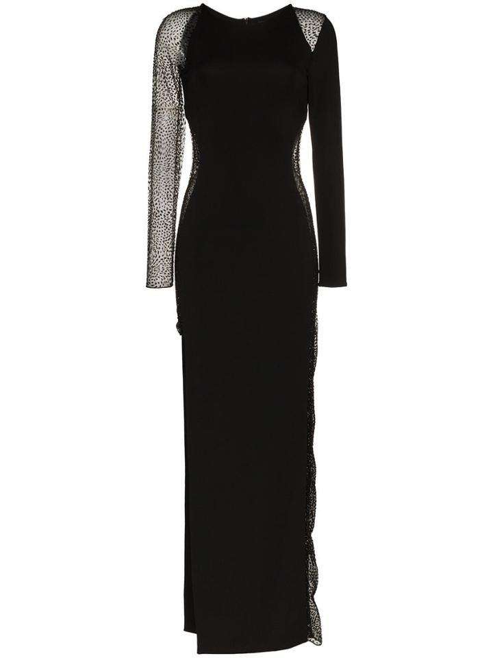 Haney Jagger Mesh Panel Side Slit Gown - Black