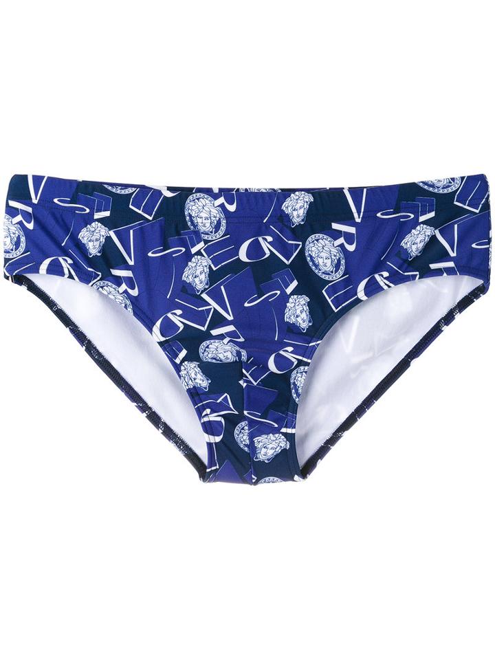 Versace Graphic Versace Logo Swim Briefs, Men's, Size: 3, Blue, Polyamide/spandex/elastane