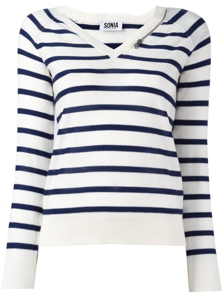 Sonia By Sonia Rykiel Striped V-neck Jumper, Women's, Size: Large, White, Cotton/wool
