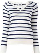 Sonia By Sonia Rykiel Striped V-neck Jumper, Women's, Size: Large, White, Cotton/wool