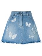 Valentino Butterfly Appliqué Denim Skirt, Women's, Size: 42, Blue, Cotton/polyester