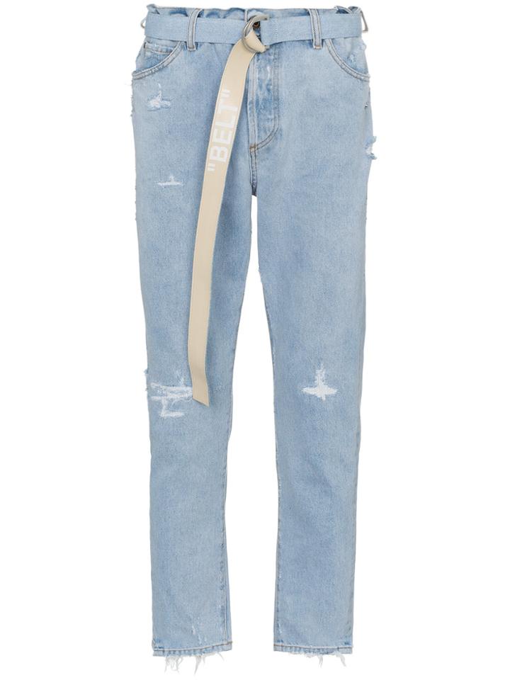Off-white Bleached Distressed Cotton Slim-leg Jeans - Blue