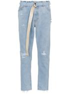 Off-white Bleached Distressed Cotton Slim-leg Jeans - Blue