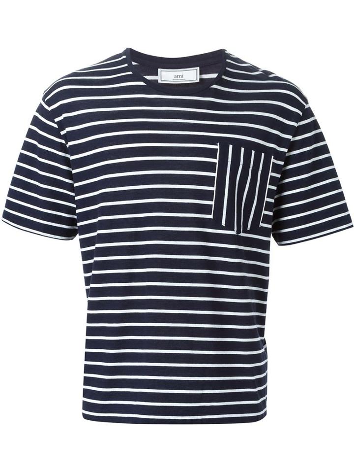 Ami Alexandre Mattiussi Striped T-shirt, Men's, Size: Xl, Blue, Cotton