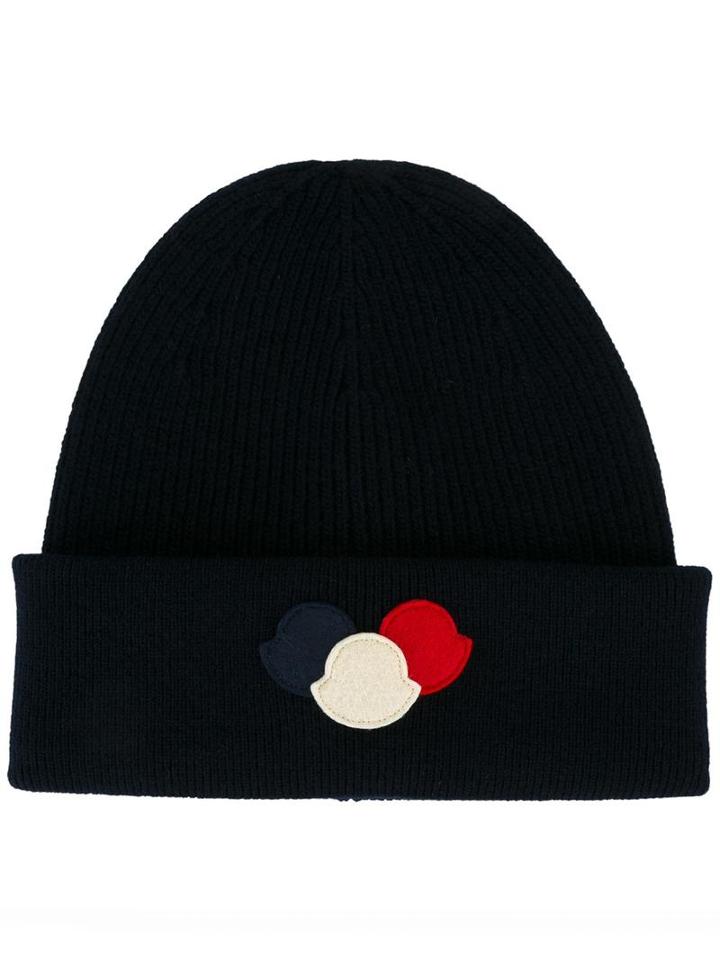 Moncler Logo Plaque Hat, Men's, Blue, Virgin Wool