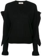 Laneus V-neck Embellished Sleeve Sweater - Black