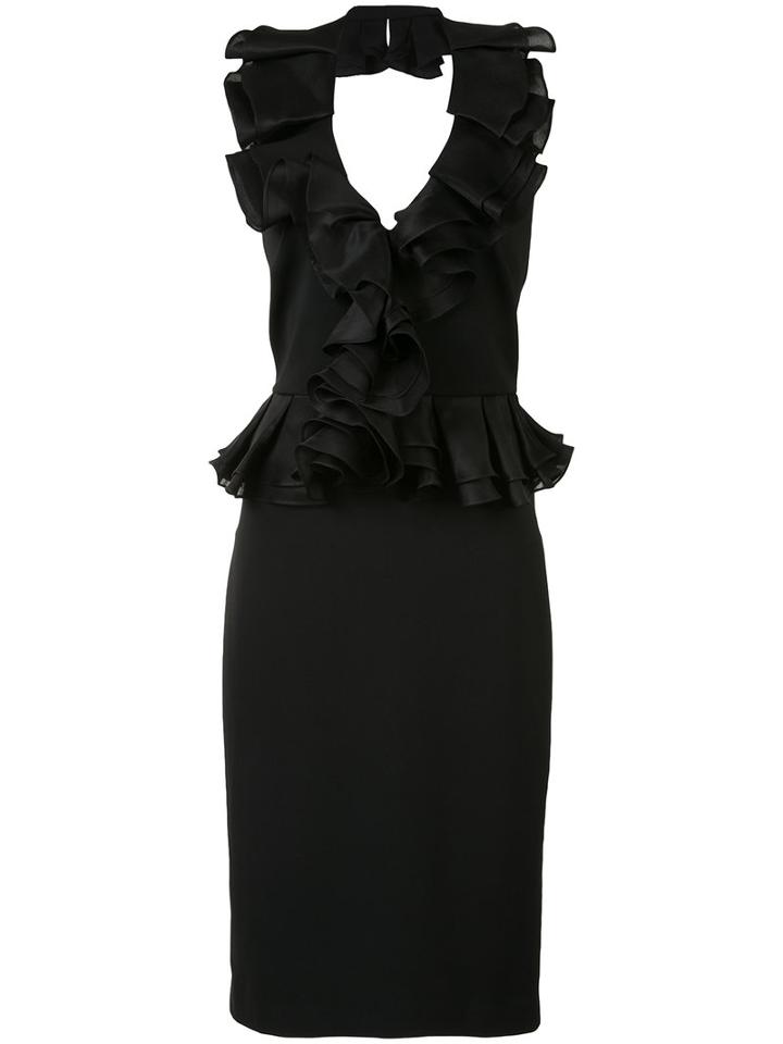 Badgley Mischka - Ruffled V-neck Fitted Dress - Women - Silk/polyester/spandex/elastane - 2, Women's, Black, Silk/polyester/spandex/elastane