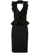 Badgley Mischka - Ruffled V-neck Fitted Dress - Women - Silk/polyester/spandex/elastane - 2, Women's, Black, Silk/polyester/spandex/elastane