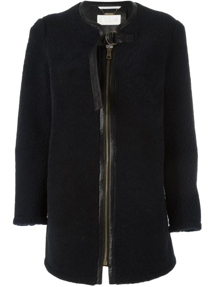 Chloé Shearling Collarless Coat, Women's, Size: 34, Blue, Lamb Nubuck Leather/lamb Skin