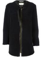 Chloé Shearling Collarless Coat, Women's, Size: 34, Blue, Lamb Nubuck Leather/lamb Skin