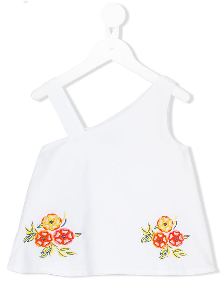 Msgm Kids - Floral Embroidered Asymmetric Sleeve Top - Kids - Cotton - 8 Yrs, White
