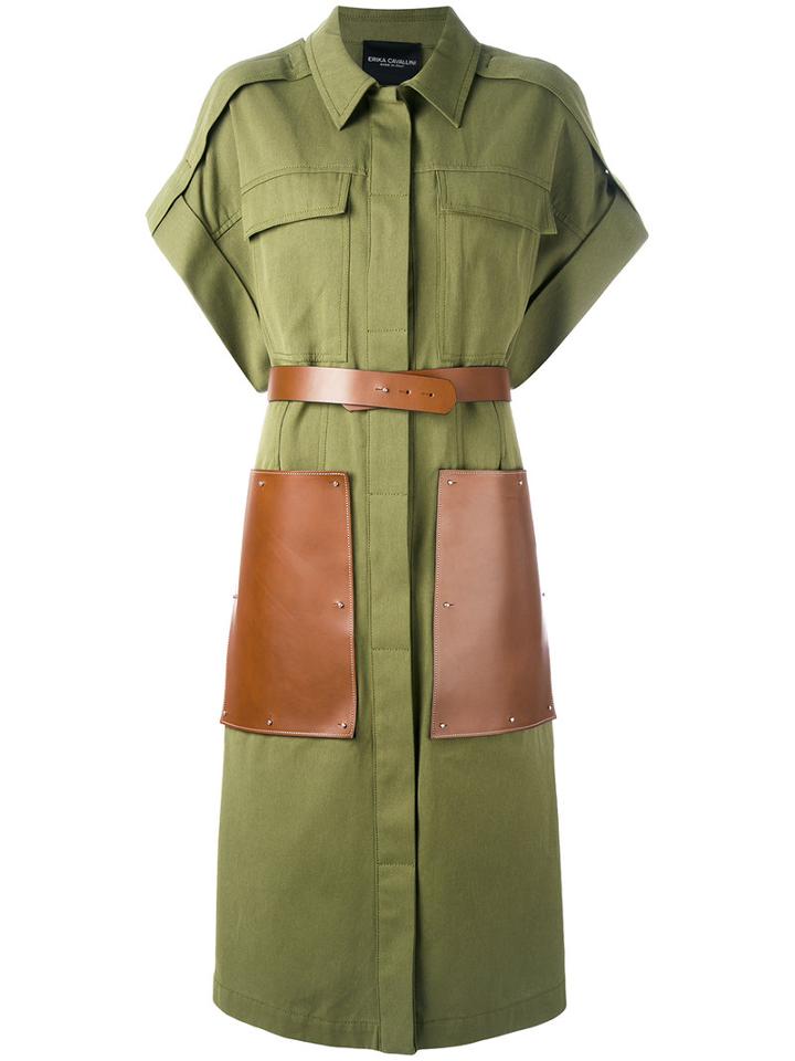 Erika Cavallini - Belted Dress - Women - Cotton/leather - 44, Green, Cotton/leather