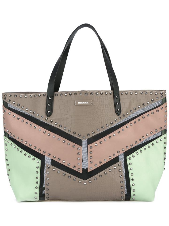 Diesel Studded Colourblock Tote, Women's, Nude/neutrals, Calf Leather/sheep Skin/shearling/iron/allantoin. Paraffinum Liquidum (mineral Oil)