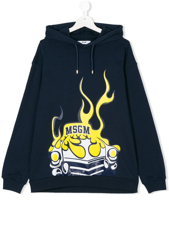 Msgm Kids Logo Flames Car Print Hoodie - Blue