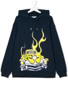 Msgm Kids Logo Flames Car Print Hoodie - Blue
