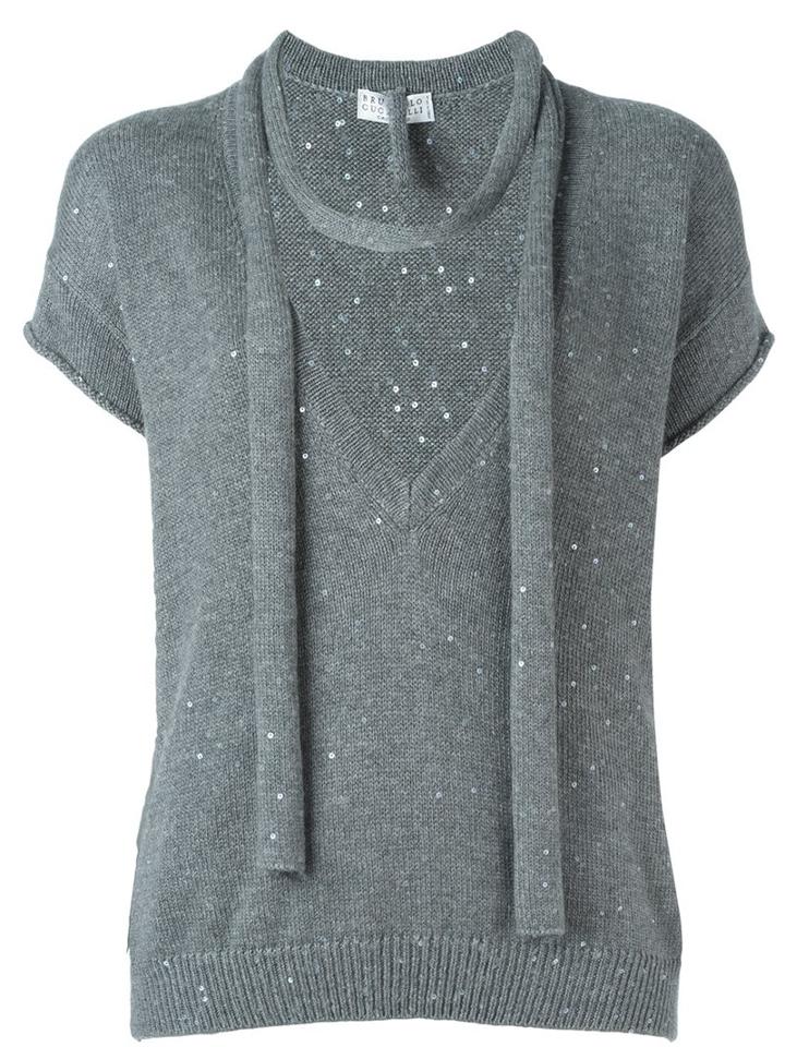 Brunello Cucinelli Sequin Embellished Knit Top, Women's, Size: Large, Grey, Silk/polyamide/cashmere/sequin