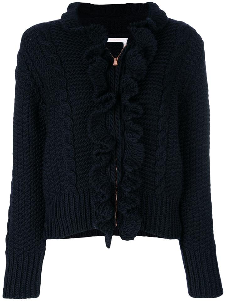 See By Chloé Knitted Ruffle Front Zip Cardigan - Blue