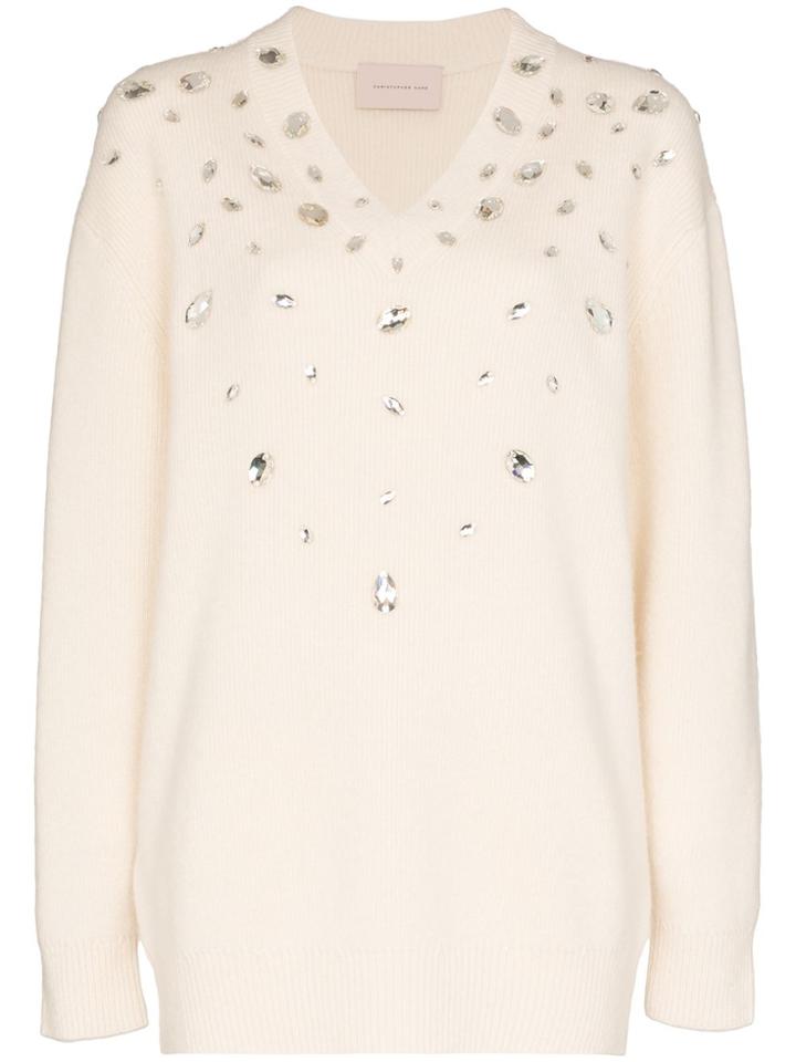 Christopher Kane V-neck Crystal-embellished Jumper - Neutrals