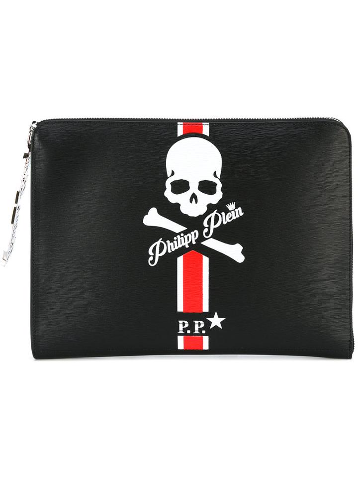 Philipp Plein Skull And Crossbones Logo Print Pouch, Men's, Black, Calf Leather
