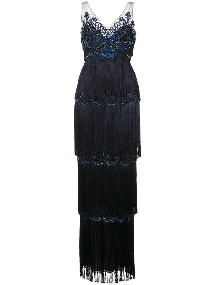 Marchesa Notte Embroidered Fringed Gown - Blue