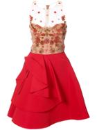 Marchesa Notte Sheer Embellished Ruffle Dress - Red