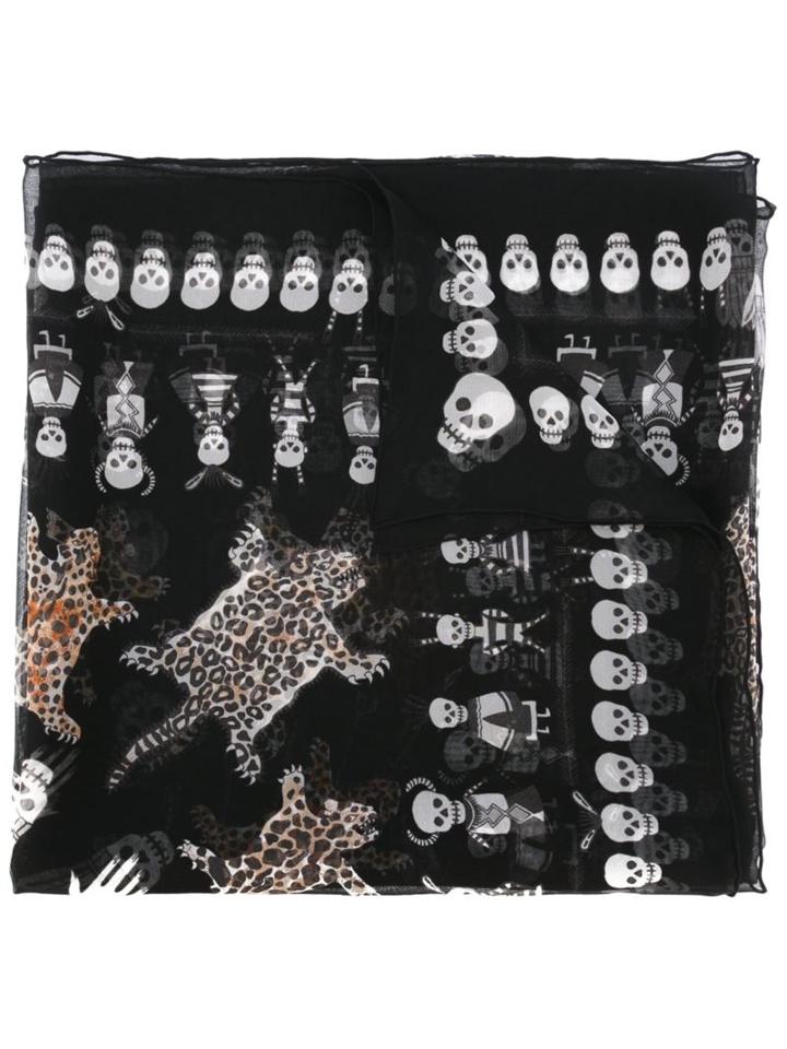 Alexander Mcqueen Leopard And Skull Print Scarf, Women's, Black, Silk