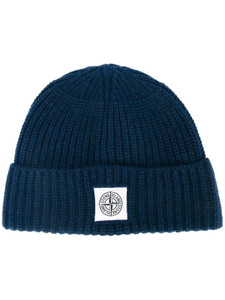 Stone Island Ribbed Knit Beanie, Men's, Blue, Wool/polyamide