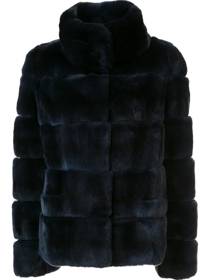 Yves Salomon 'rex' Coat, Women's, Size: 40, Blue, Silk/goat Skin/rabbit Fur/polyester