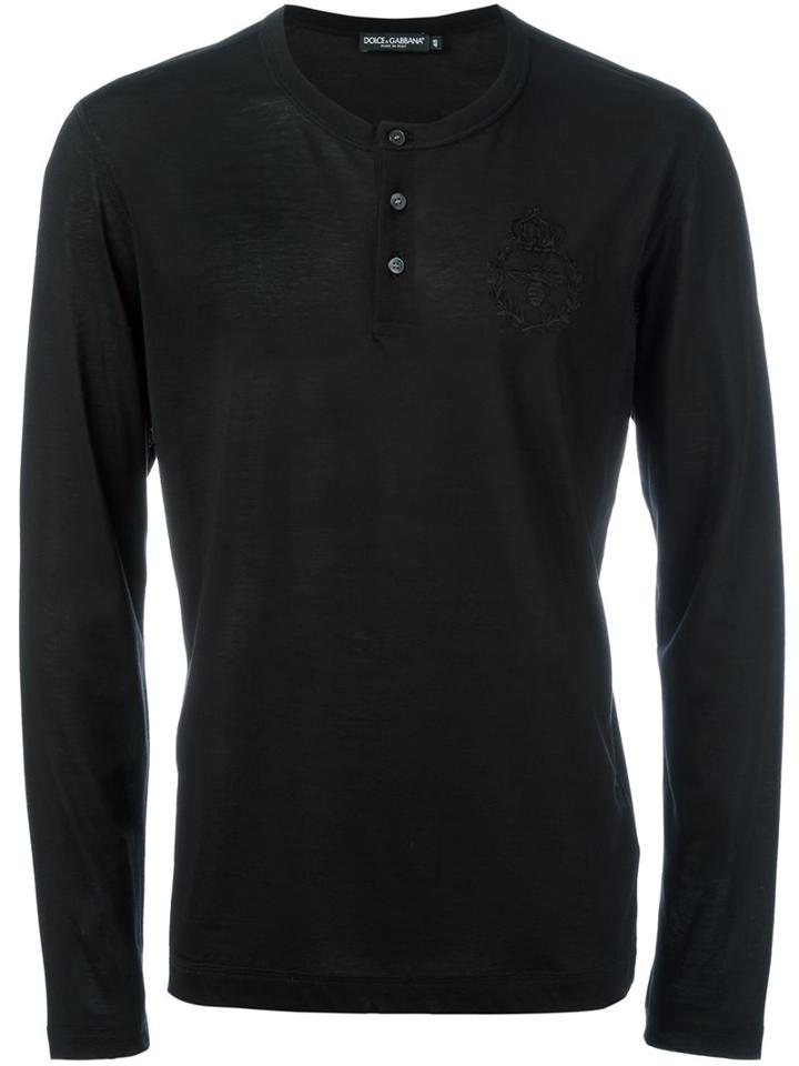 Dolce & Gabbana Embroidered Henley T-shirt, Men's, Size: 52, Black, Cotton/silk