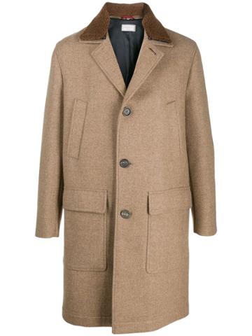 Brunello Cucinelli Shearling Collar Single Breasted Coat - Neutrals