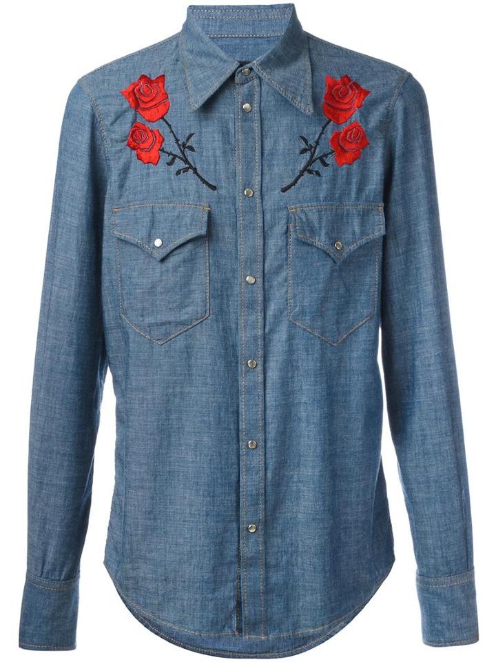 Dsquared2 Embroidered Rose Denim Shirt, Men's, Size: 52, Blue, Cotton/lyocell/linen/flax/viscose