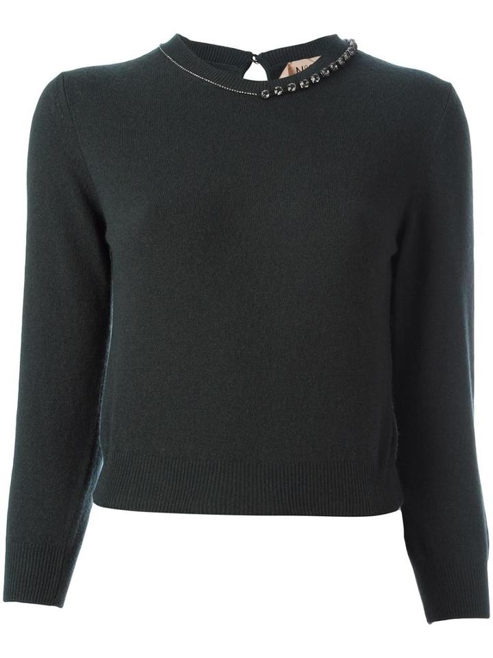 No21 Embellished Neck Cropped Jumper, Women's, Size: 42, Green, Virgin Wool/cashmere