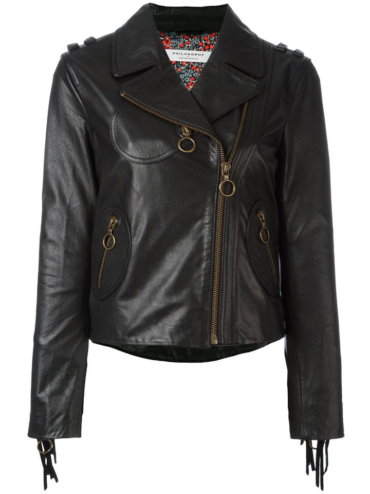 Philosophy Di Lorenzo Serafini Biker Jacket, Women's, Size: 38, Black, Buffalo Leather/polyester
