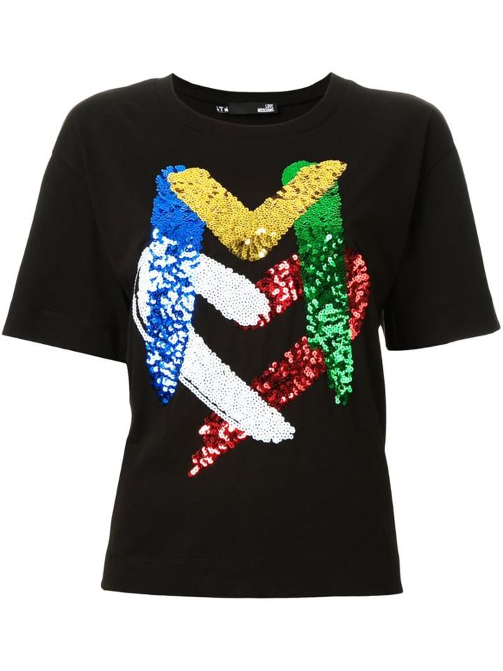 Love Moschino Sequin Appliqué T-shirt, Women's, Size: 38, Black, Cotton