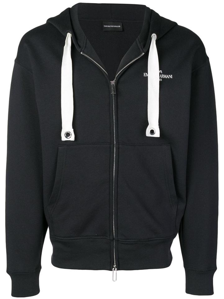 Emporio Armani Logo Drawstring Hoodie - Blue