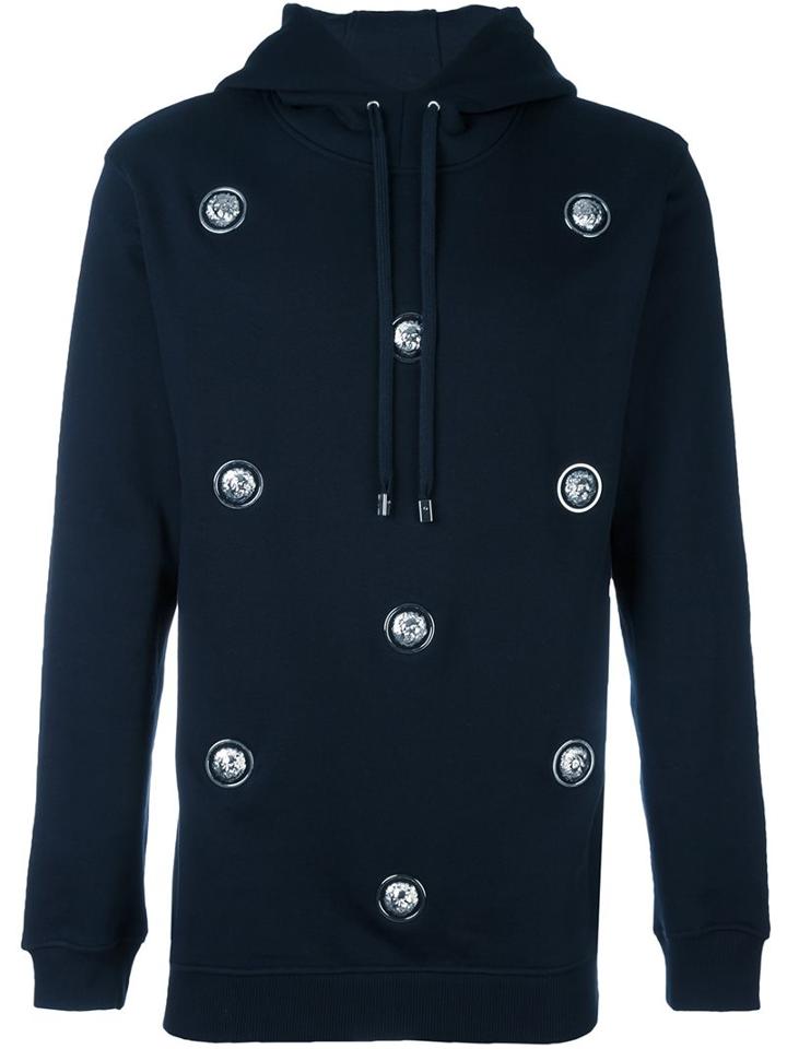Versus Logo Plaques Appliqué Hoodie, Men's, Size: Small, Blue, Cotton