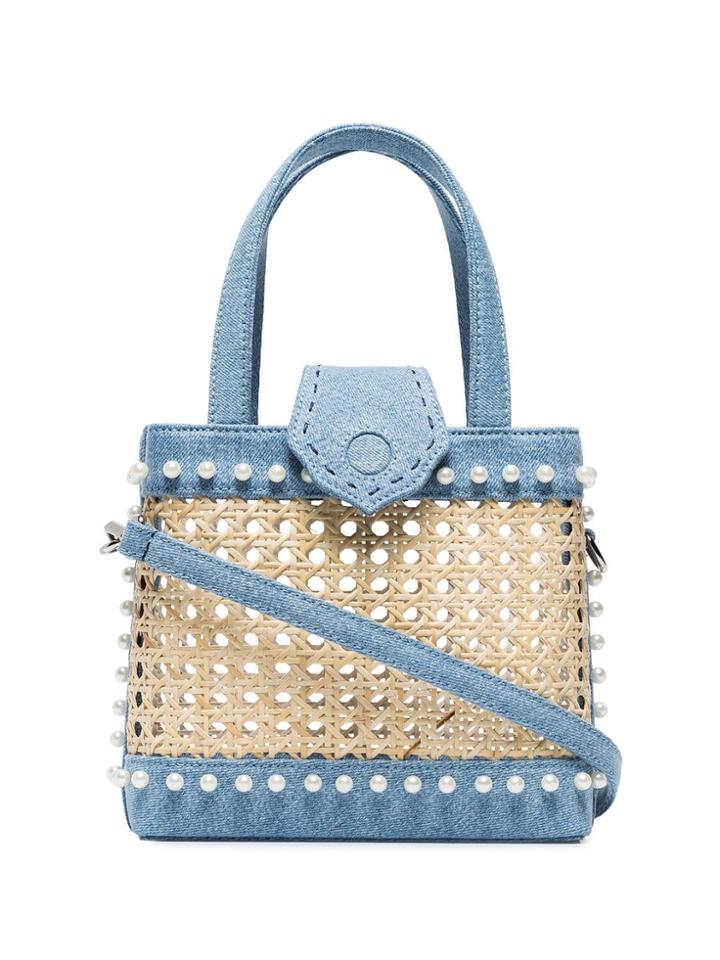 Mehry Mu Mini Fey Denim And Rattan Bag - Blue