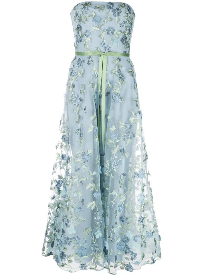 Marchesa Notte Floral Embroidered Strapless Gown - Blue