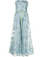 Marchesa Notte Floral Embroidered Strapless Gown - Blue