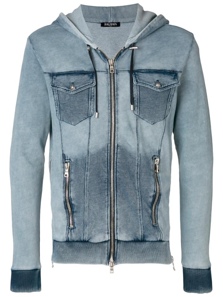 Balmain Denim-effect Hooded Sweatshirt - Blue