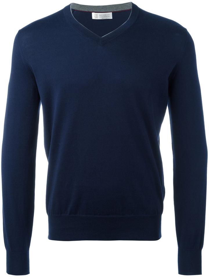 Brunello Cucinelli - V-neck Jumper - Men - Cotton - 56, Blue, Cotton